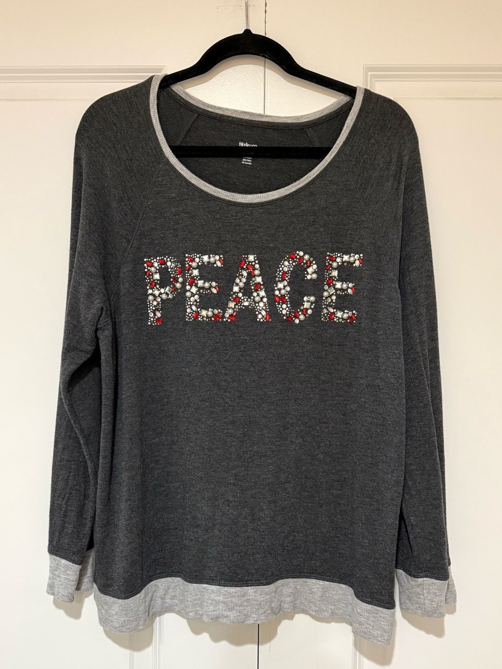 Style & Co. Dark Gray Pullover Top with Light Gray Trim Bedazzled Letters